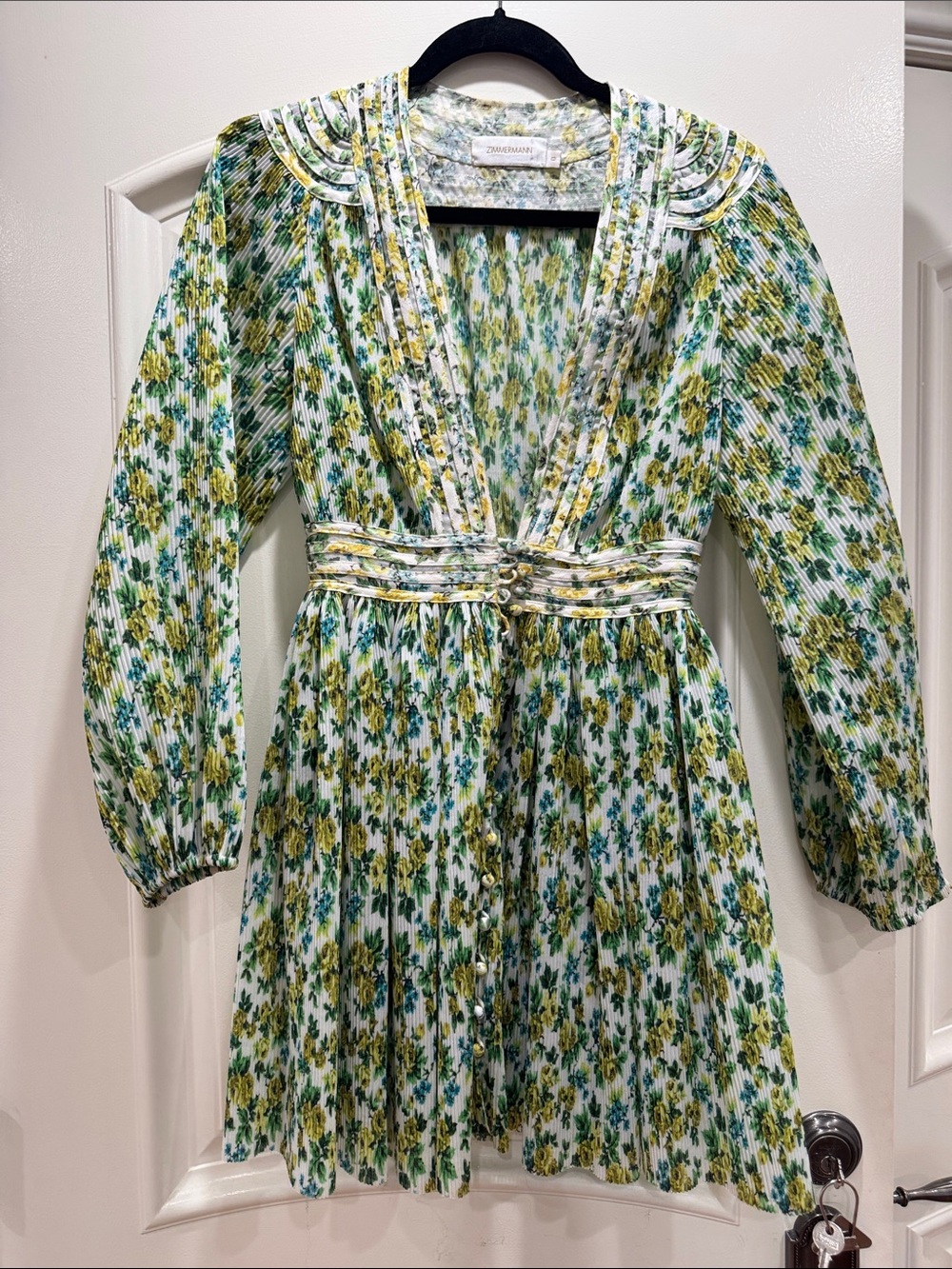 Zimmermann Green and White Floral Pleated Midi Dress